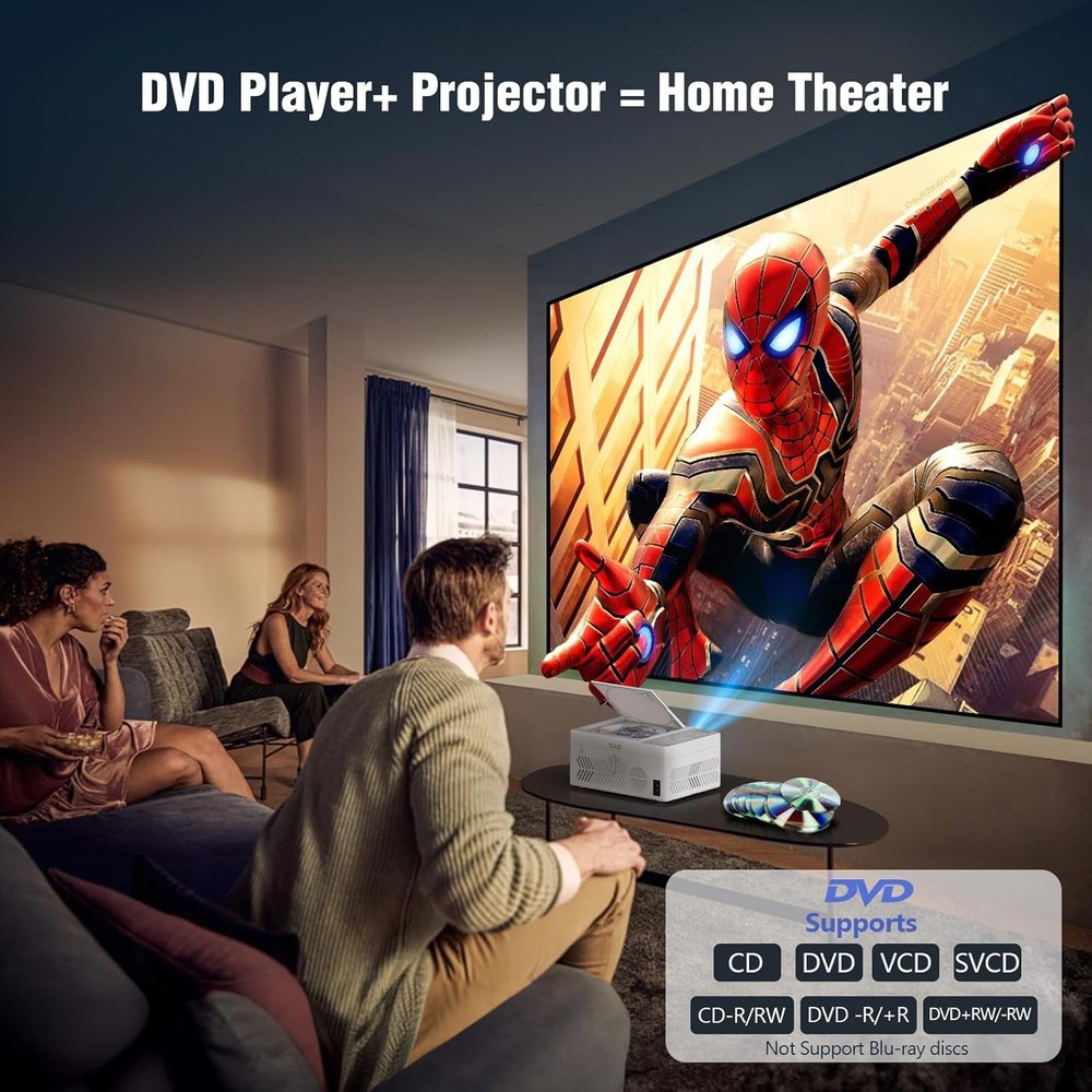 TMY Bluetooth Projector with DVD Player Built in, 1080P Mini Projector,...