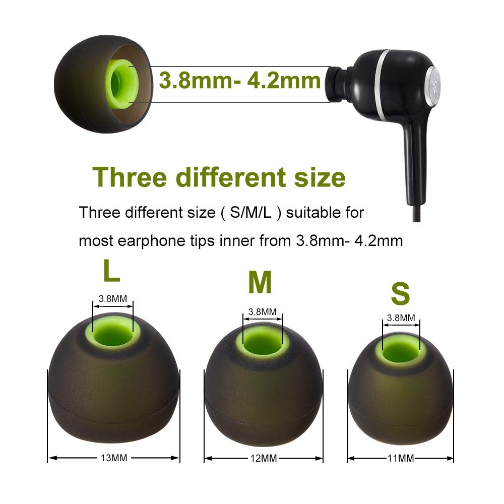 Earbud Tips High Quality Soft Silicone Small/Medium/Large, Black/Green