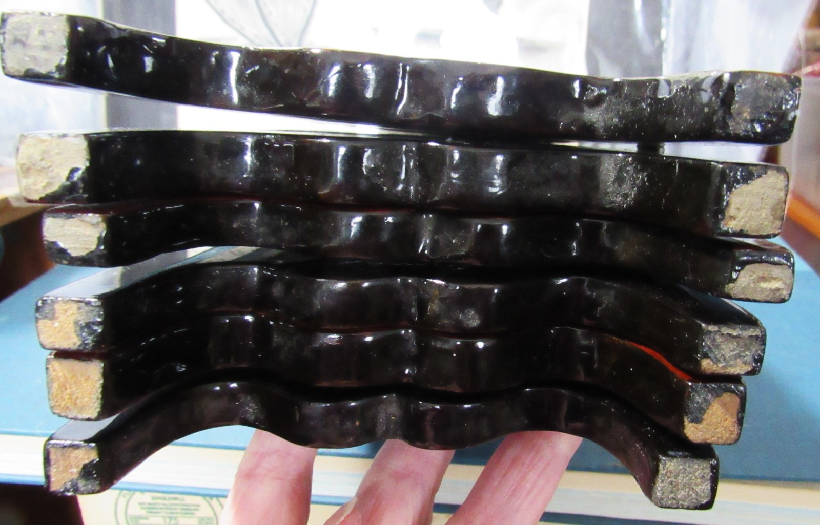 Asian 6 Panel 2 Side Lacquer Wood MOP Abalone Gold Fish Screen Divider 14"x28"