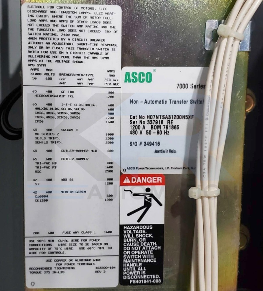 Asco 7000 Series Non-Automatic Transfer Switch 480V 3Ph 1200A Type 3R