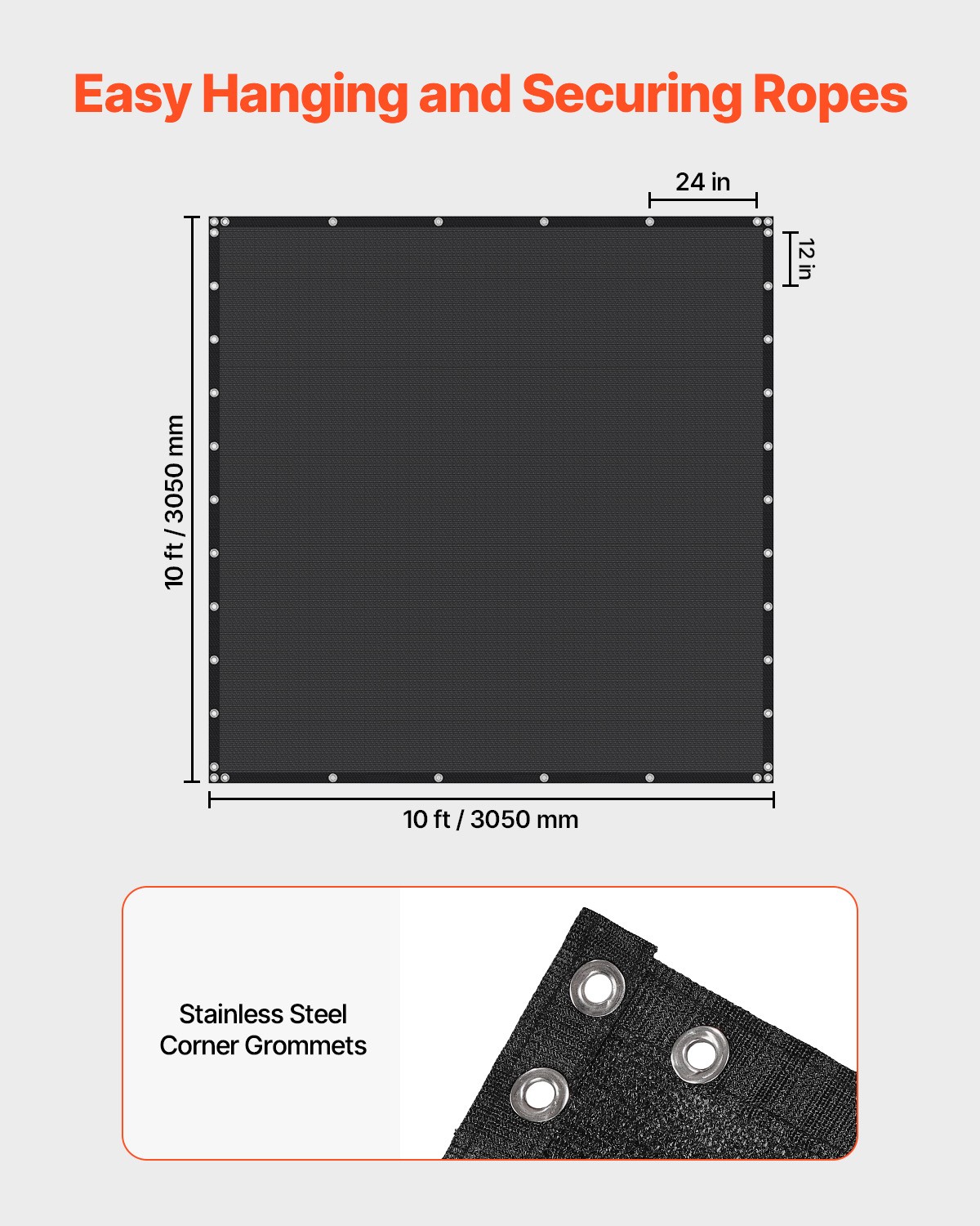 VEVOR 90% Sun Shade Cloth Privacy Screen 10 x 10 ft for Patio Garden (Black)