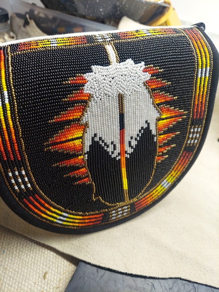 Native American Styled Beaded Canvas Bag,  Black Feather