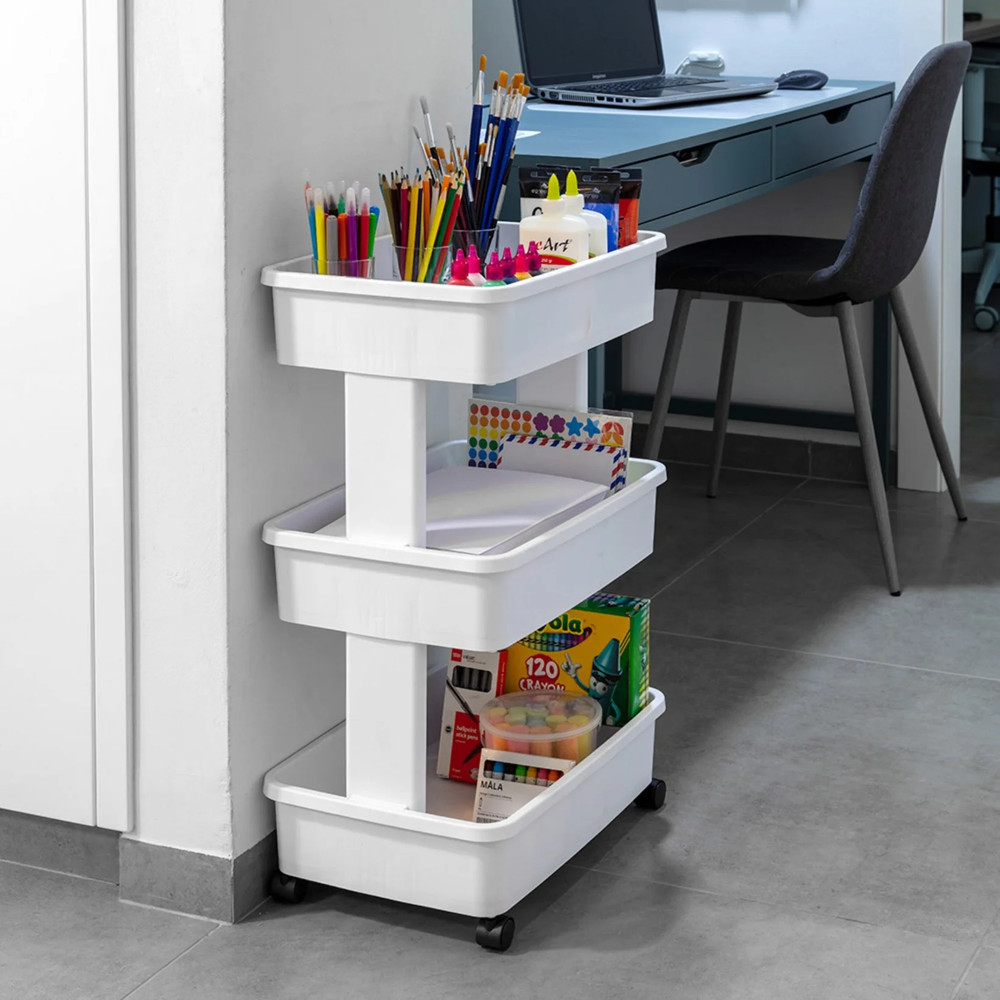 3-Tier Plastic Rolling Laundry Cart, Arctic White