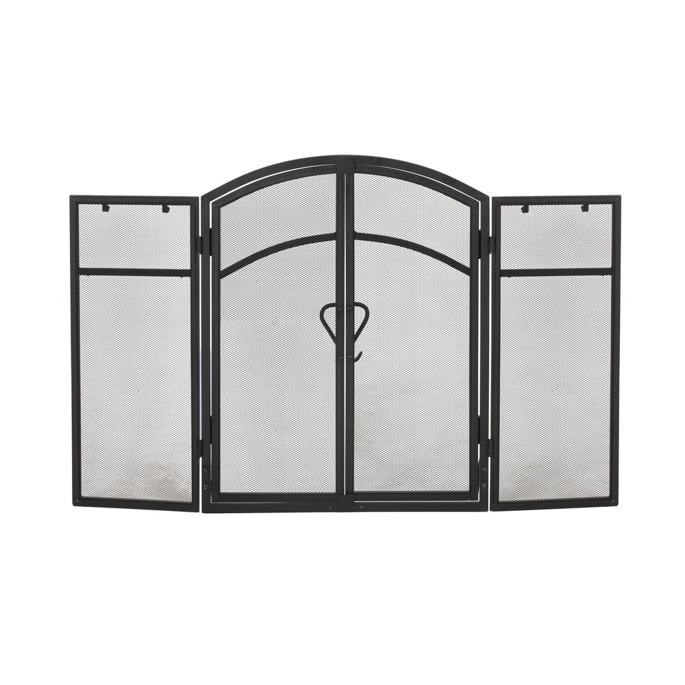 Modern 3 Panel Iron Folding Fireplace Screen with Doors and Tools Matte Black
