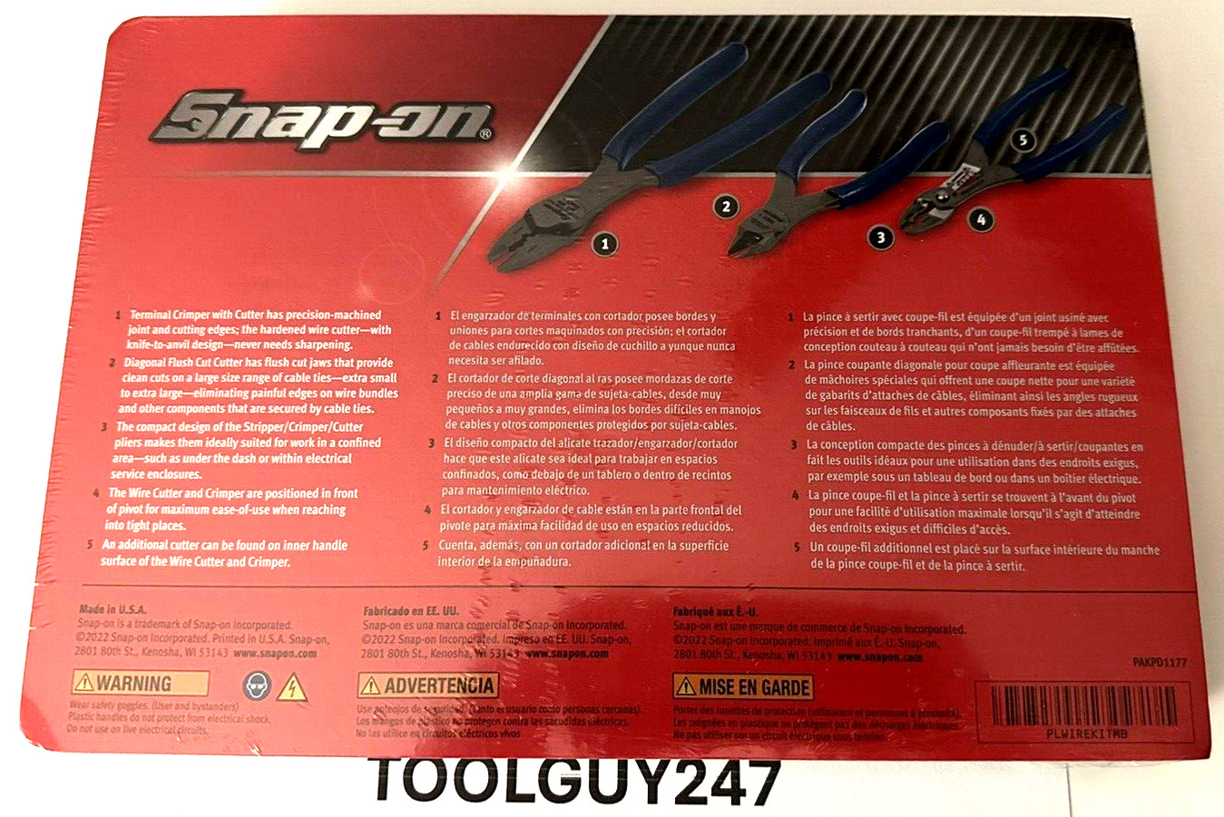 SNAP ON TOOLS USA 3Pc POWER BLUE Soft Grip Wire Service Pliers Set PLWIREKIT MB+