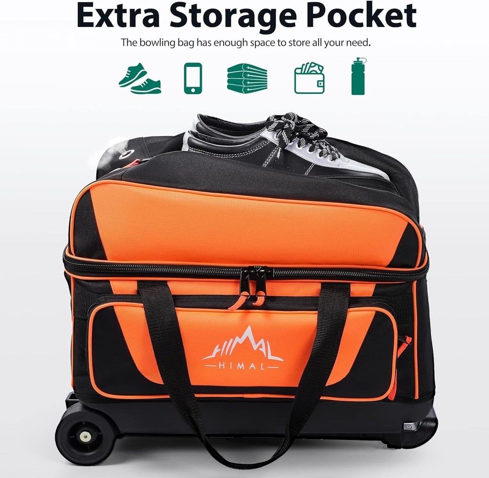 Durable 2 Ball Rolling Bowling Bag with Shoe Storage & Extendable Handle