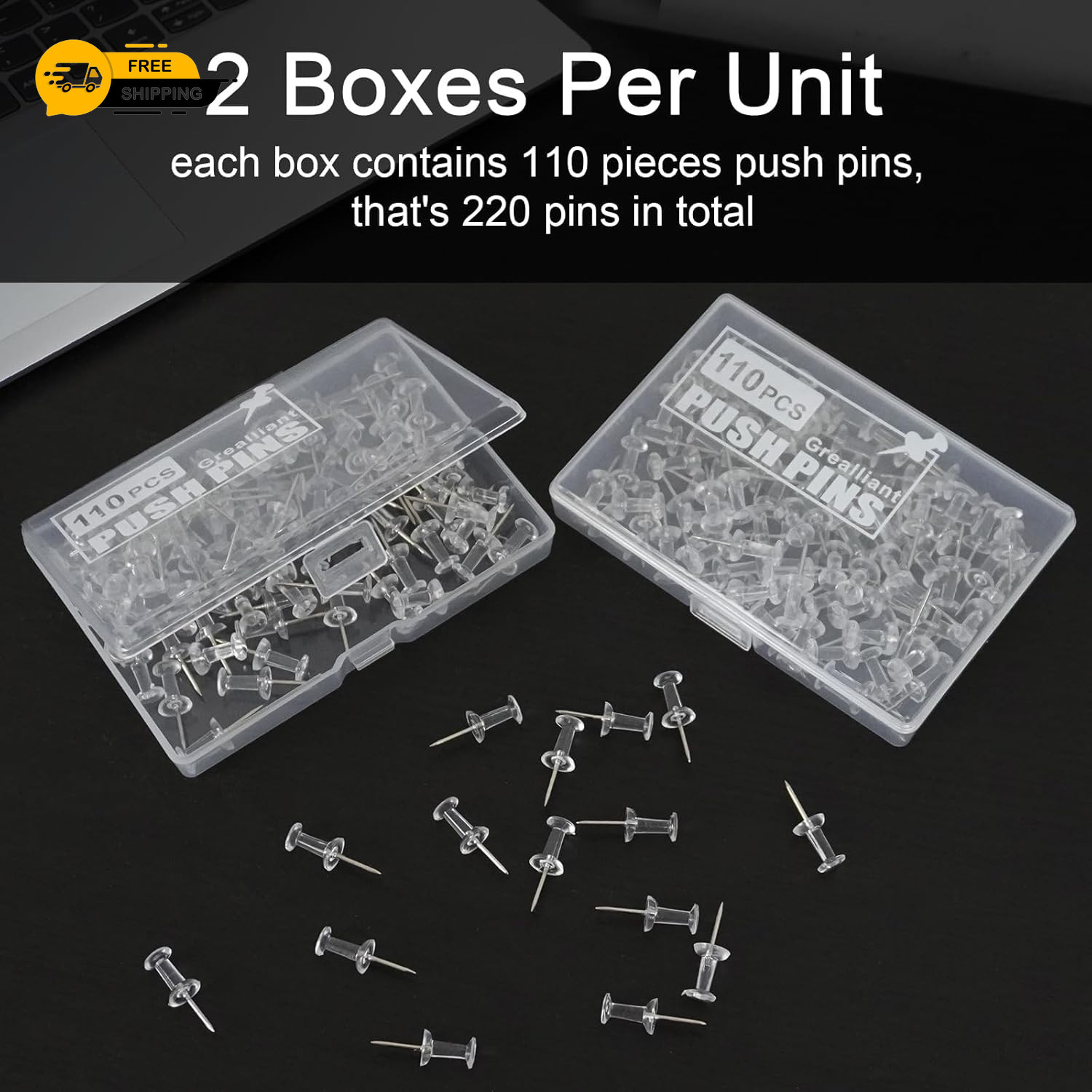 220 Pcs Push Pins Tacks, Thumb Tacks for Wall Bulletin Board, Clear Plastic Head