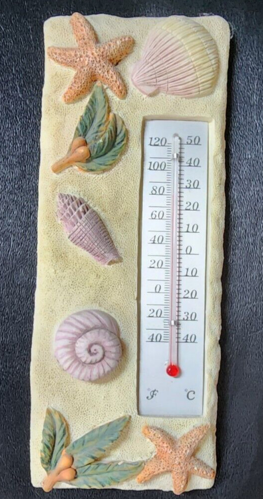 Polystone Seashell Thermometer With Metal Scale and detailed seashell design