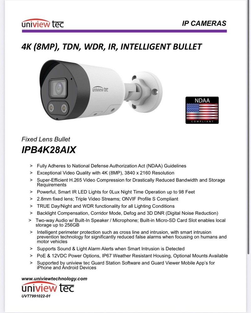 Security 4K POE Camera By Uniview Tec, PN# IPB4K28AIX,