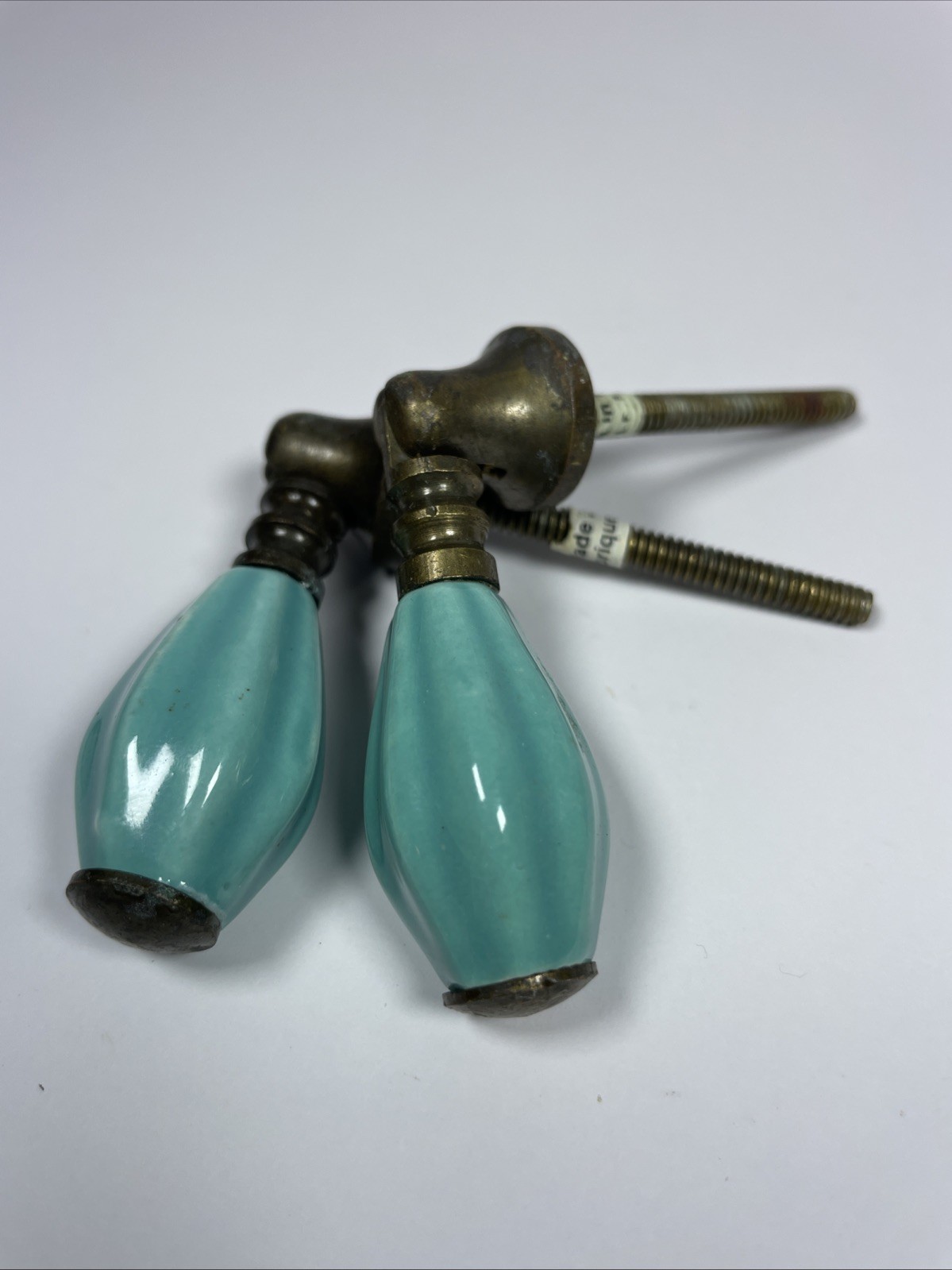 Vintage Pair Teal Turquoise Ribbed Ceramic Brass Drop Pulls Made In India