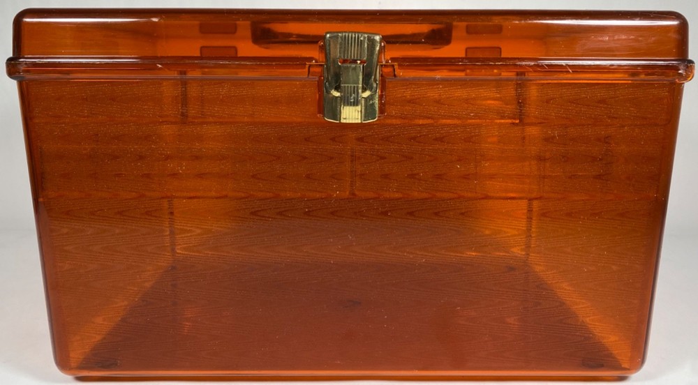 VINTAGE 1960s TRANSLUCENT AMBER ORANGE PLASTIC HINGED TWO TRAY STORAGE BOX