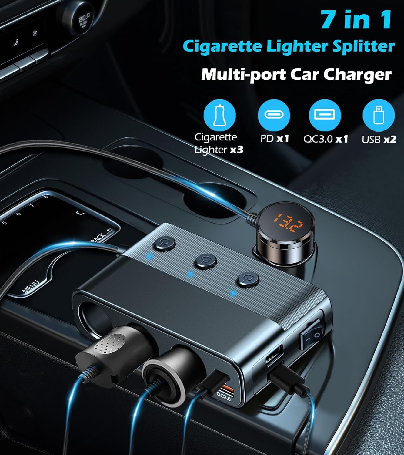 3 Way 12V/24V USB Car Cigarette Lighter Socket Splitter Power Adapter Charger