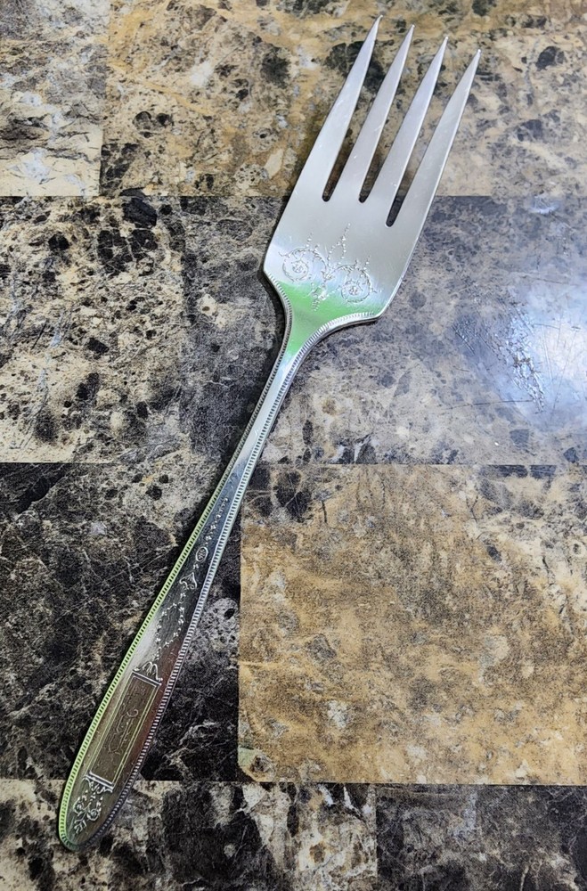 👌ANTIQUE c1921 GROSVENOR PTRN SILVERPLATED MEAT 🥩 SERVING FORK MONOGRAMMED B