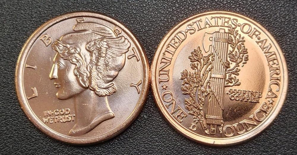 2- 1 oz Copper Rounds Mercury Dime
