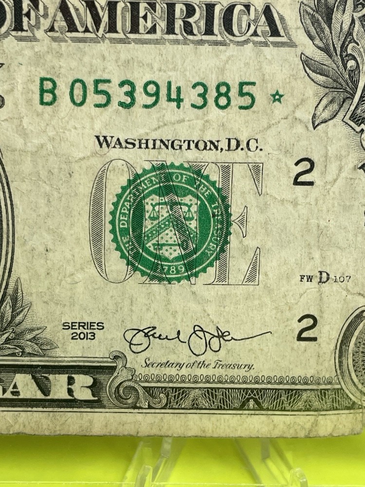 2013 B Duplicate Print ⭐️ STAR NOTE $1 Serial B05394385* Over Inked ERROR ON 3