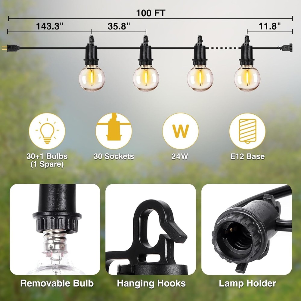 100FT Outdoor LED String Lights 32 Shatterproof Bulbs Dimmable Waterproof Patio