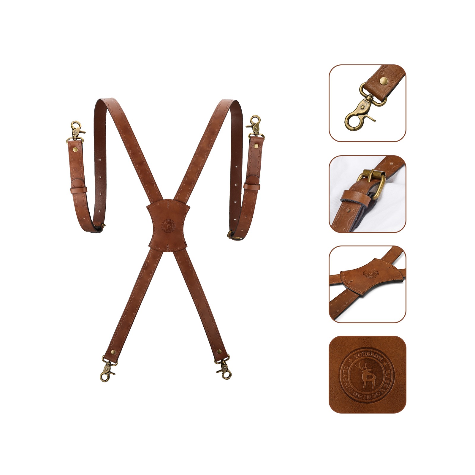 Tourbon Leather Men's Suspenders X Back Adjustable X-Shaped Hooks Pants Braces