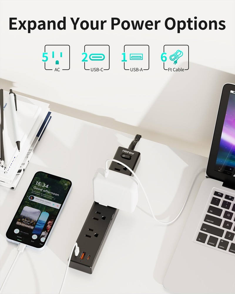 Flat Plug Power Strip, 6 Ft Ultra Thin Extension Cord, Surge Protector with 5...