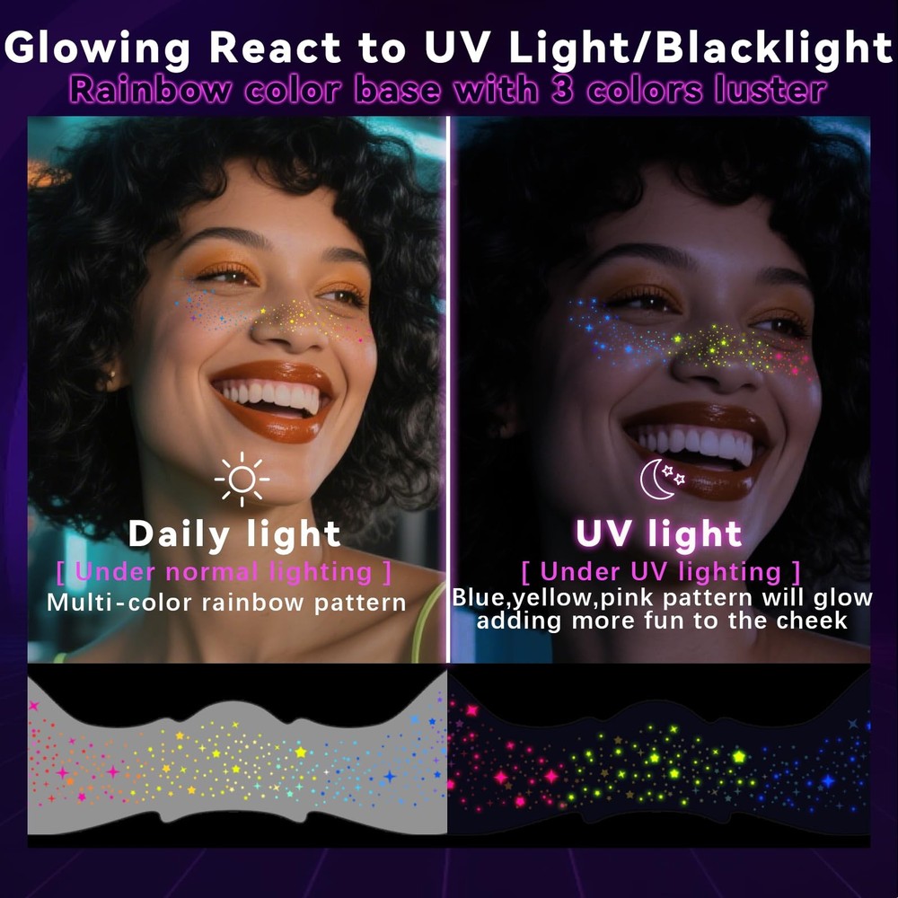 Noerrors 6pcs Rainbow Freckles Face Tattoo Sticker Glow under UV Light Set B