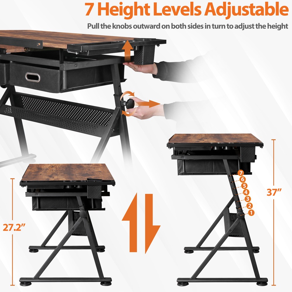Retro Drafting Table and Stool Set with Outlet Adjustable Artist Drawing Table