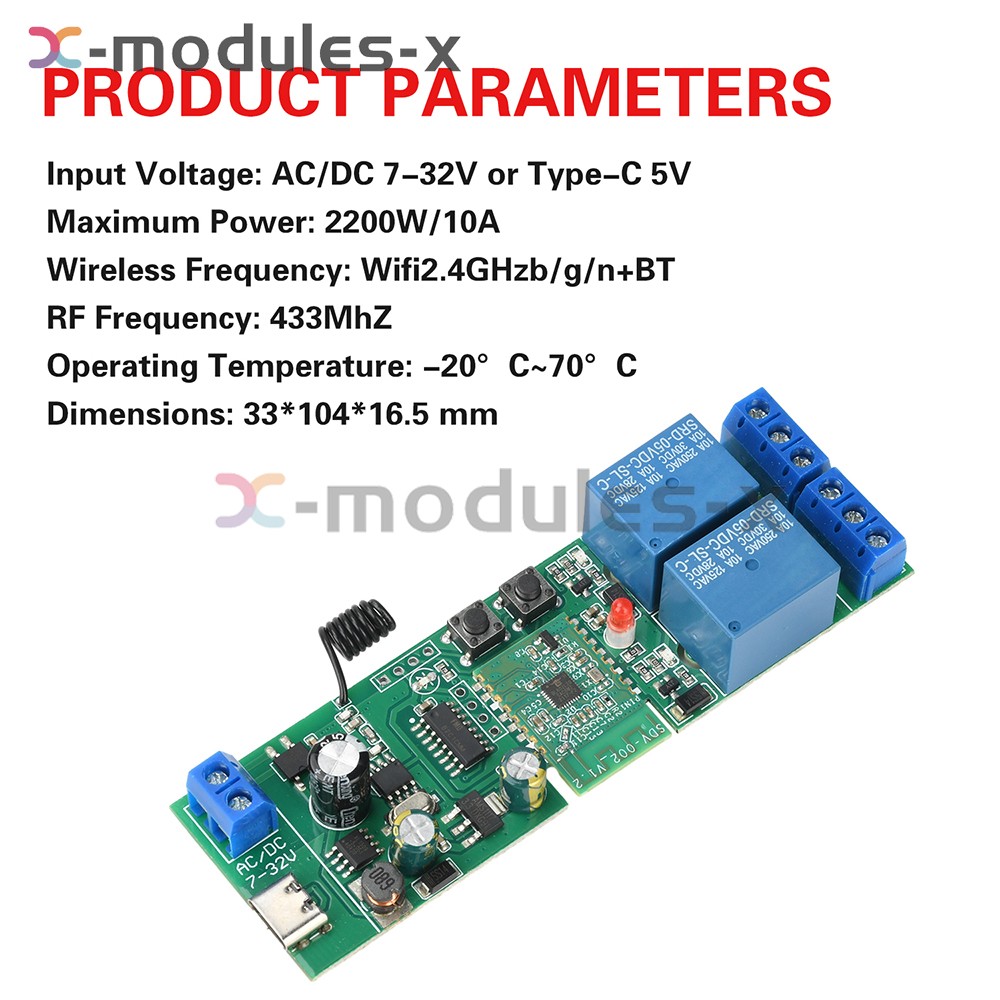 7V-32V AC/DC eWeLink APP Bluetooth 2CH WIFI Relay Switch Module Type-C RF 433