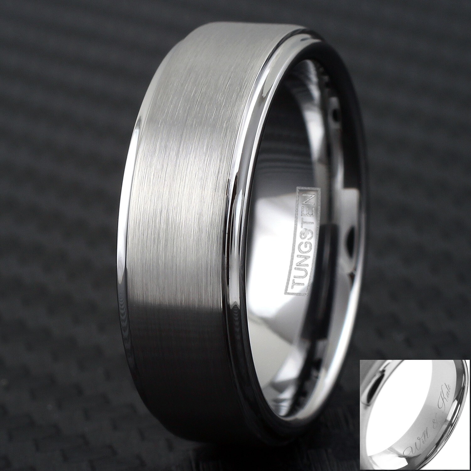 Engraved 6/8mm Tungsten Men's Ring Brushed Step Edge Wedding Band