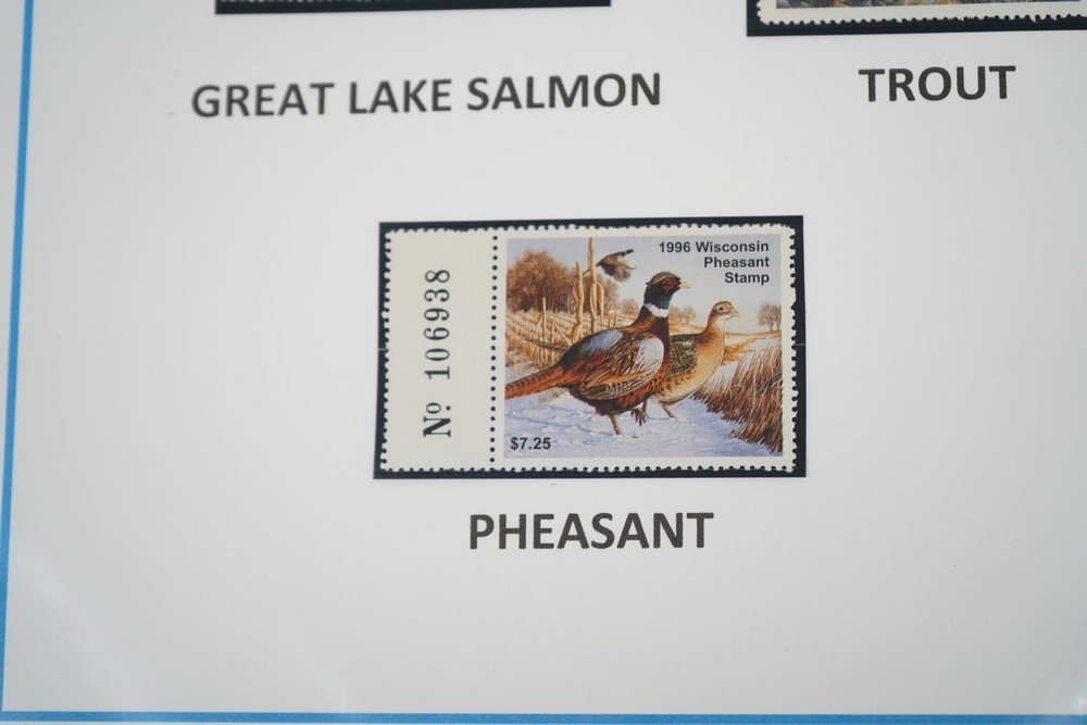 US 1970s-2010s COLLECTION OF 92 WISCONSIN STATE REVENUE STAMPS DUCKS & FISH