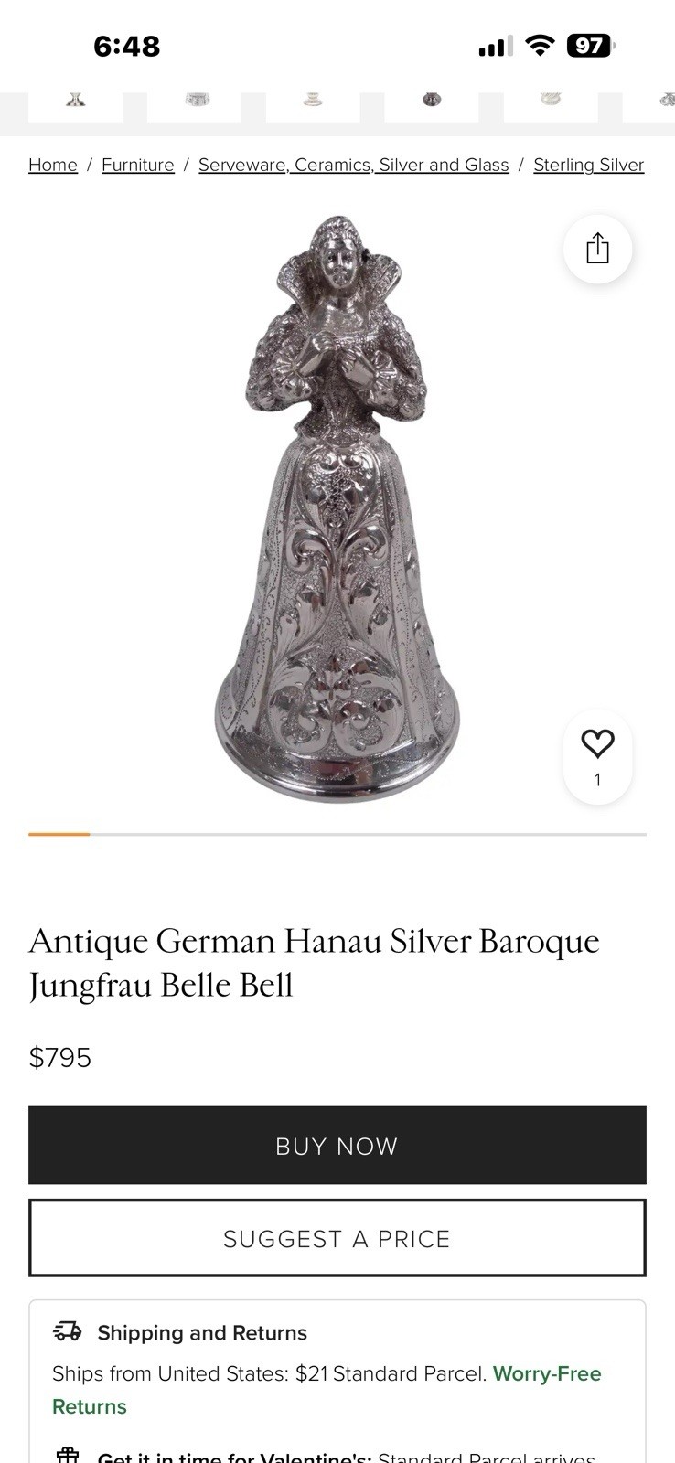 Rare Antique Solid Silver Hanau Baroque Jungfrau Bell ~ 3.53 oz. / 100 Grams