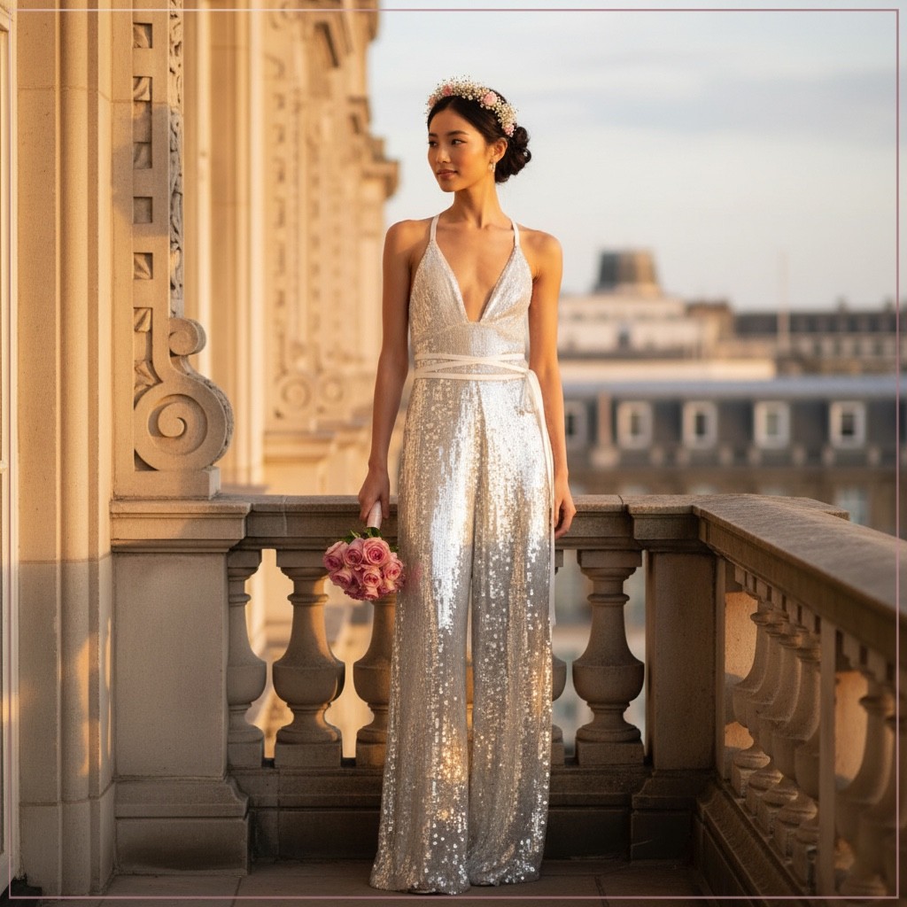 $4990 Temperley London Bardot Silk + Sequin Runway Bridal Jumpsuit