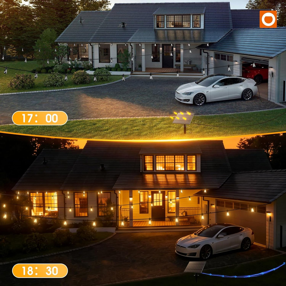 54FT Solar String Lights with USB & Remote - Waterproof Dimmable LED Bulbs