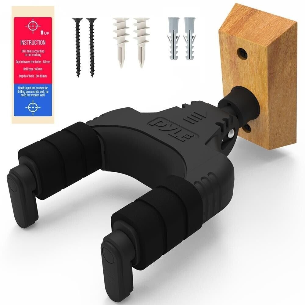 Pyle Guitar Wall Hanger Mount Stand Auto-Lock for String Instruments - Black
