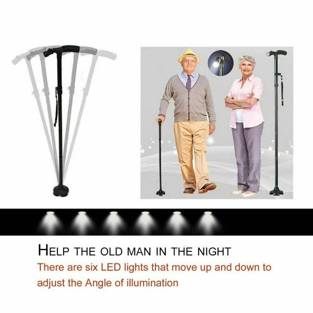 Folding LED Walking Stick Cane All-Terrain Pivoting Base Adjustable Black