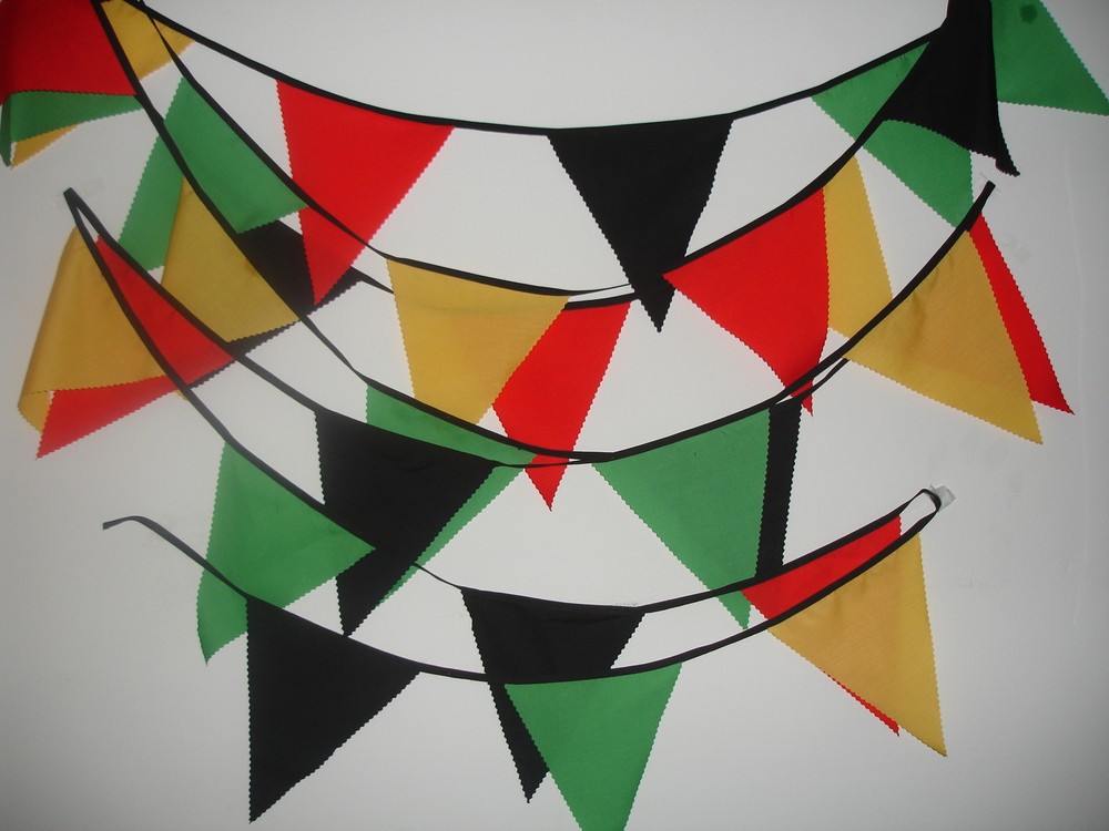 RASTAFARIAN COLOURED FABRIC BUNTING , COLOUR VISIBLE ON BOTH SIDES.