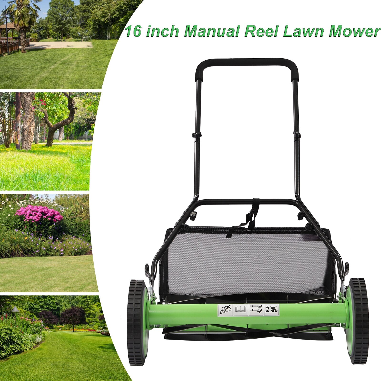 16-Inch 5-Blade Manual Reel Lawn Mower w/Adjustable Cutting and Handle Height