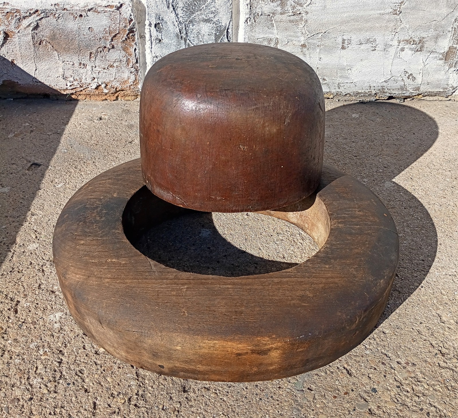 Antique Primitive Amish Solid Wood Millinery Block Dome 2 Piece Hat Form R475