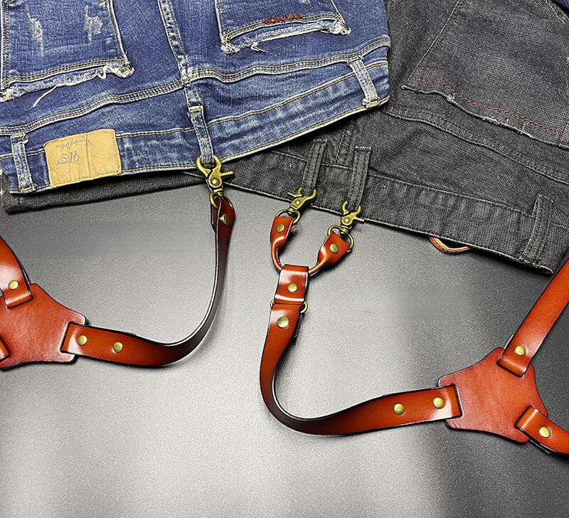 Vintage Brown Leather H Back Suspenders Belts 4 Brass Hooks For Men Male Work