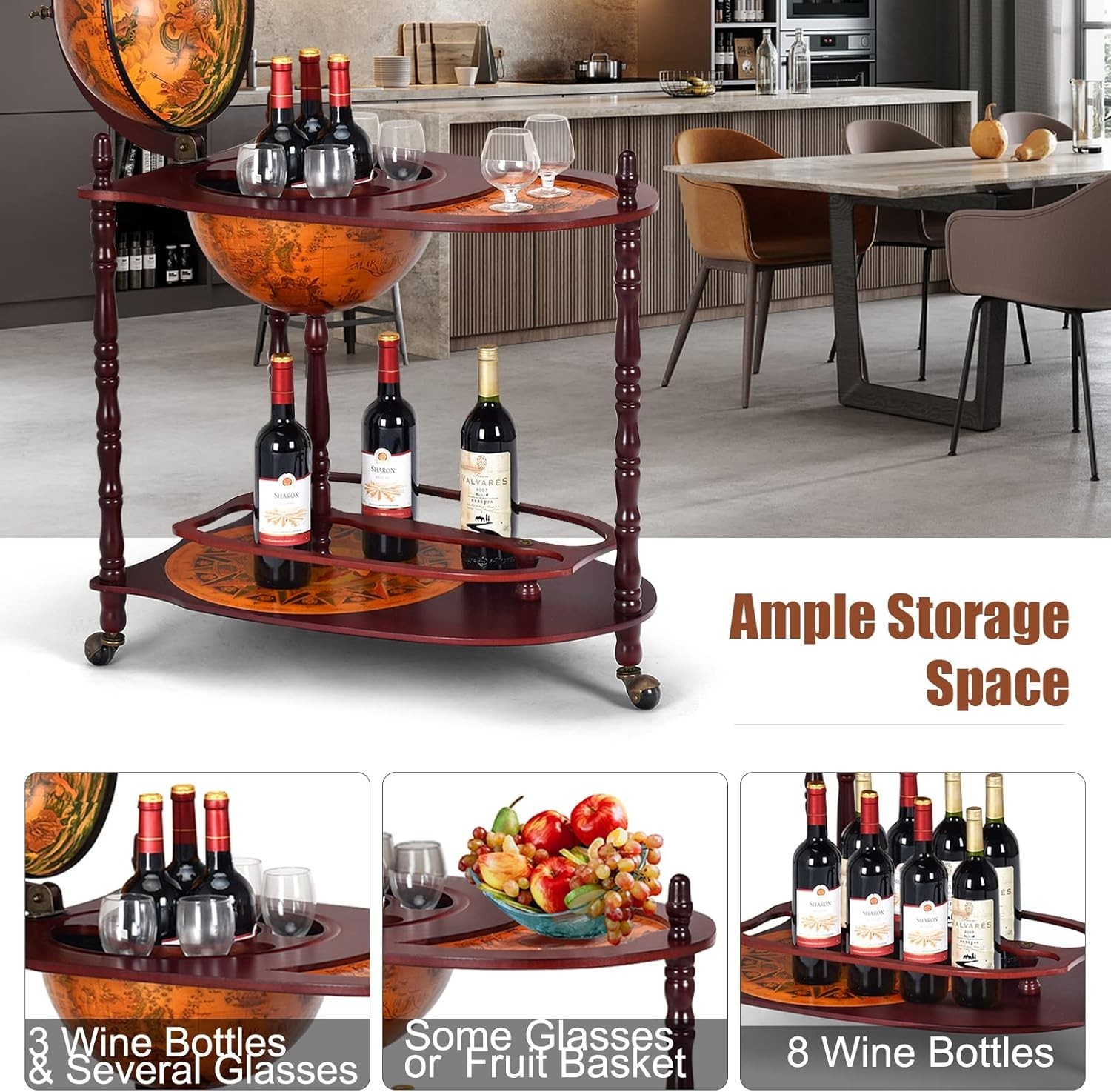 Globe Bar, 34.5” Globe Bar Liquor Cabinet with Wheels, Bottom Shelf, Old Worl...