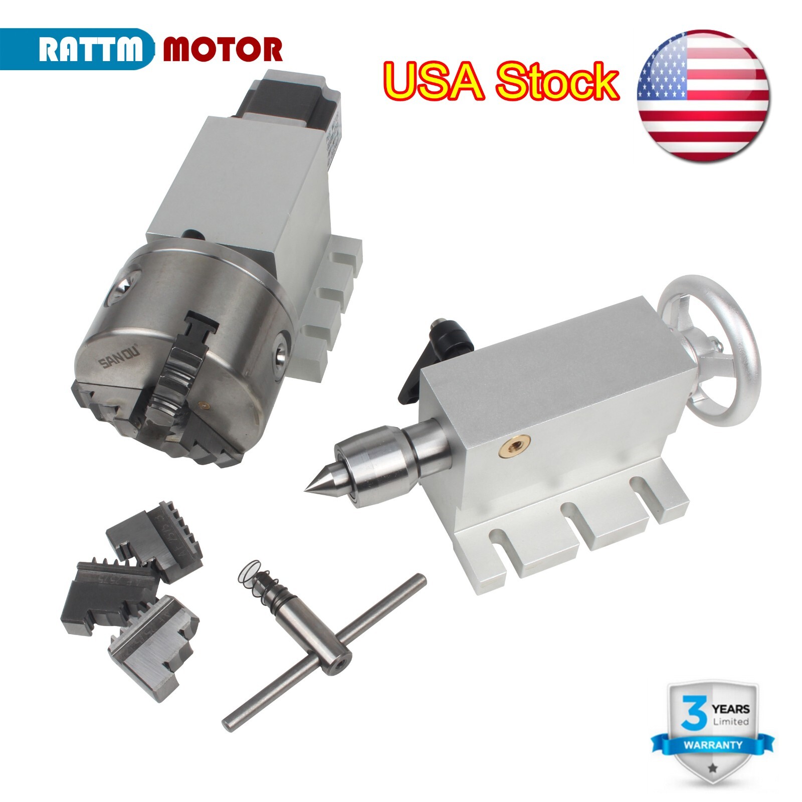 【US】CNC 4th Axis Rotational A Axis 3 Jaw 100mm No Backlash Harmonic Gearbox 50:1