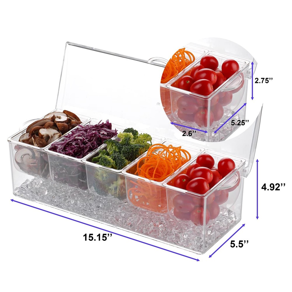 Ice Chilled 5 Compartment Condiment Server Caddy | Plastic Storage Food