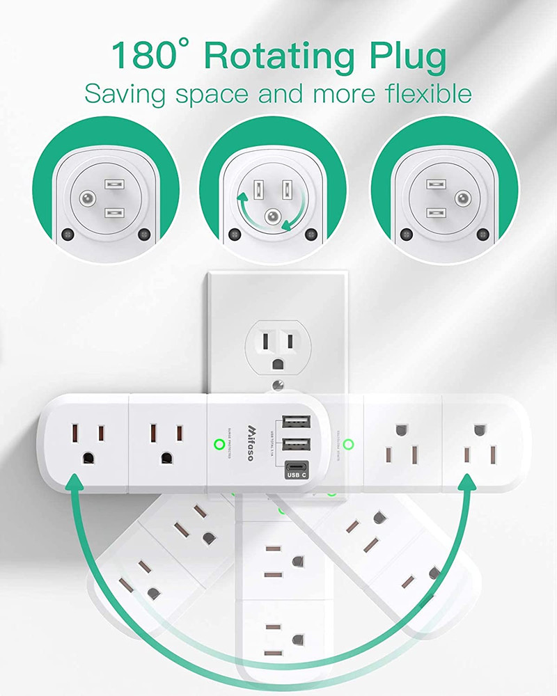 USB Outlet Extender Surge Protector - with Rotating Plug, 6 AC Multi Plug and 3