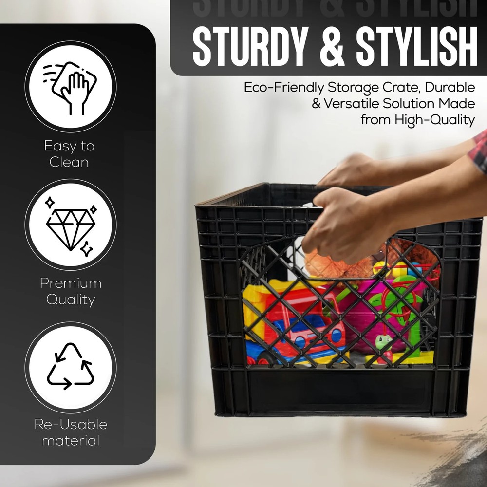 PLASTIC Milk Crate Heavy Duty Storage Bin Stackable 24QT Black