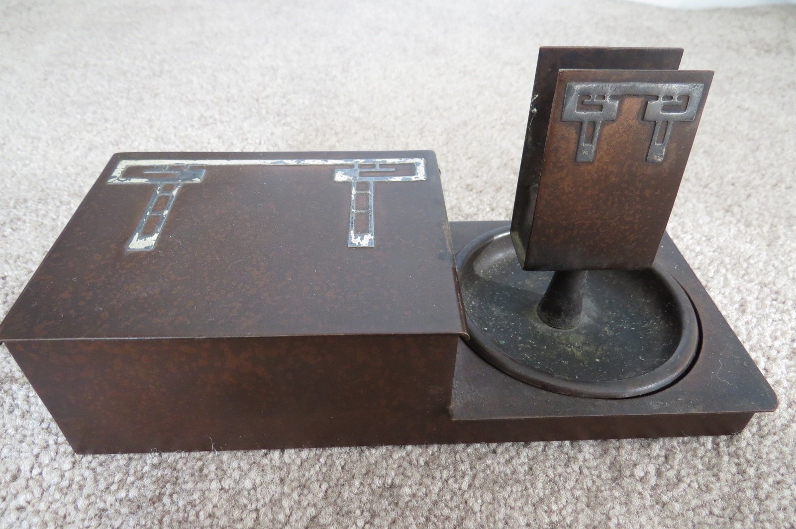 UNUSUAL HEINTZ ART STERLING ON BRONZE SMOKING SET