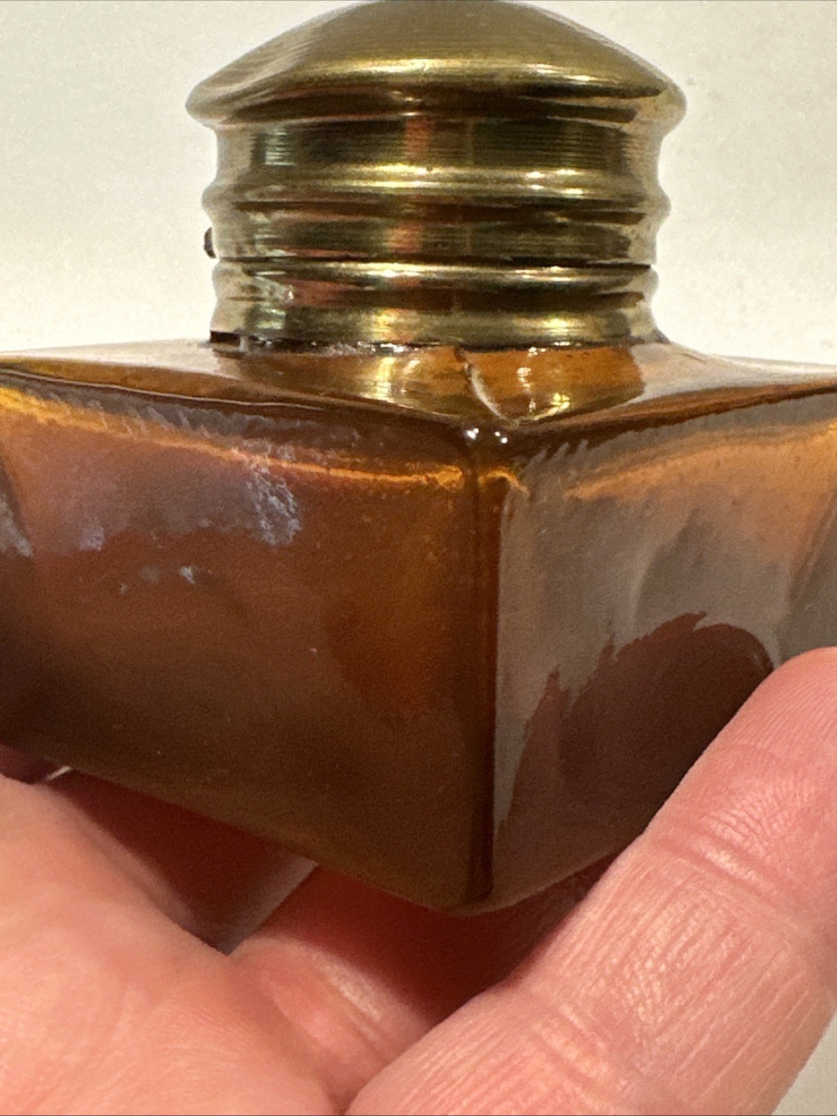 Vintage Amber Glass Inkwell with Brass Cap - Small Collectible Ink Pot