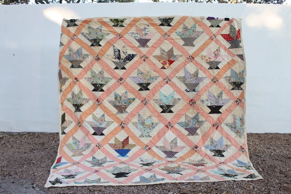 Antique Star Basket Patchwork Quilt RARE