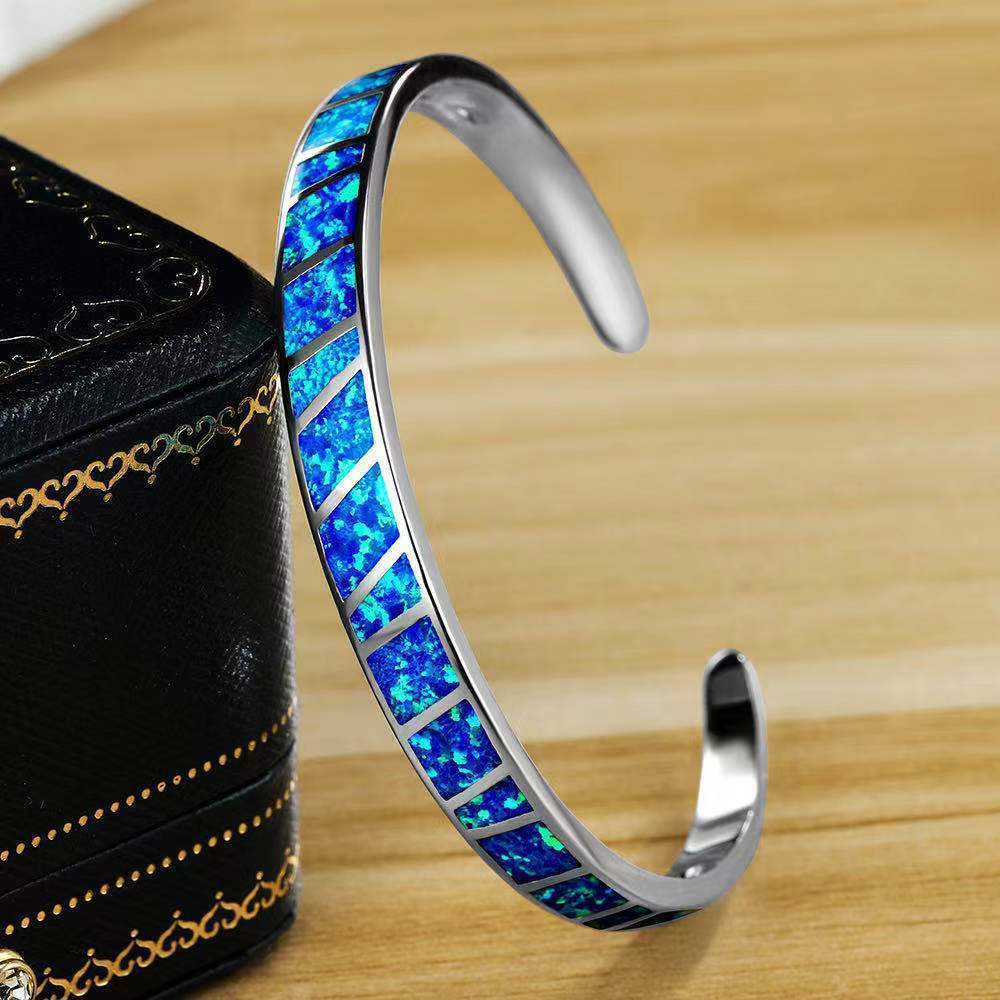 Adjustable Blue Fire Opal Bracelet Classic Sterling Silver Dipped Bangle