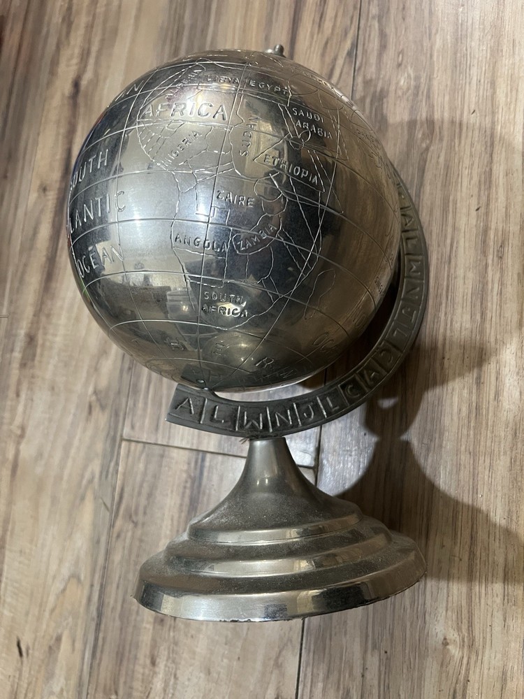 Large Globe, World Map Engraved in Chrome Silver Metal 13”