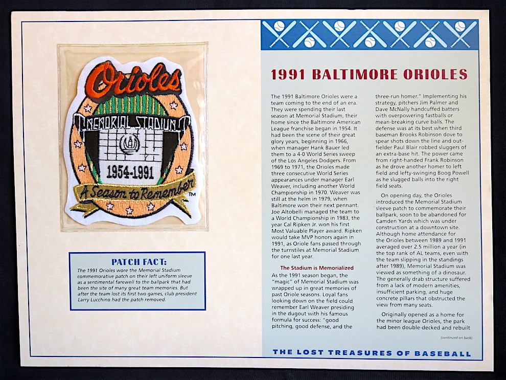 1991 BALTIMORE ORIOLES ~ Willabee & Ward LOST TREASURES BASEBALL TEAM LOGO PATCH