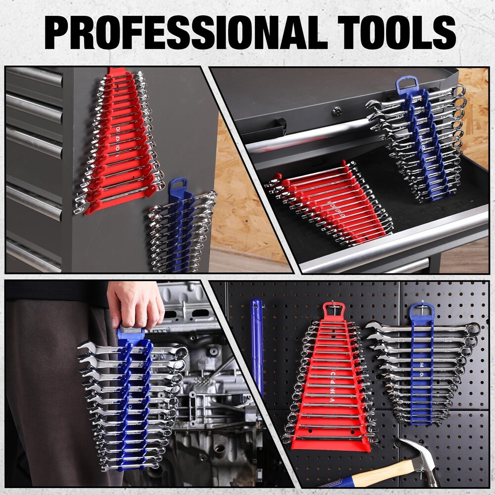 WORKPRO Magnetic Wrench Organizer 2PC 15-Slot&12-Slot Gripper Wrench Holder 4PCS