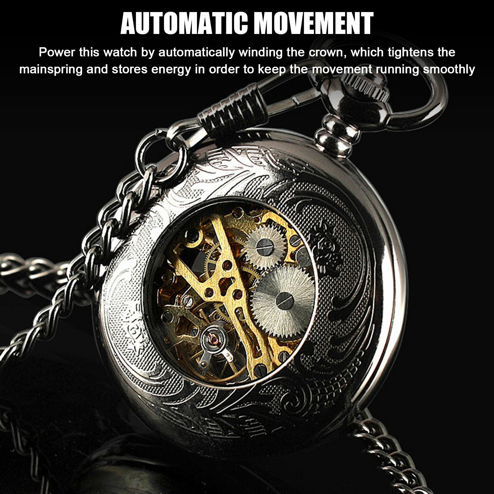 Mens Pocket Watch Mechanical Black Steampunk Skeleton Retro Chain Luxury Classic