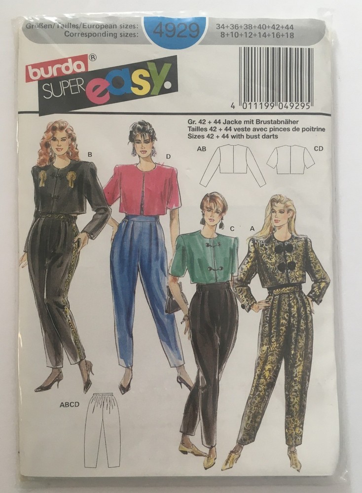 Burda Super Easy Sewing Pattern 4929 sz 8-18, cropped Jacket, pull-on Pants